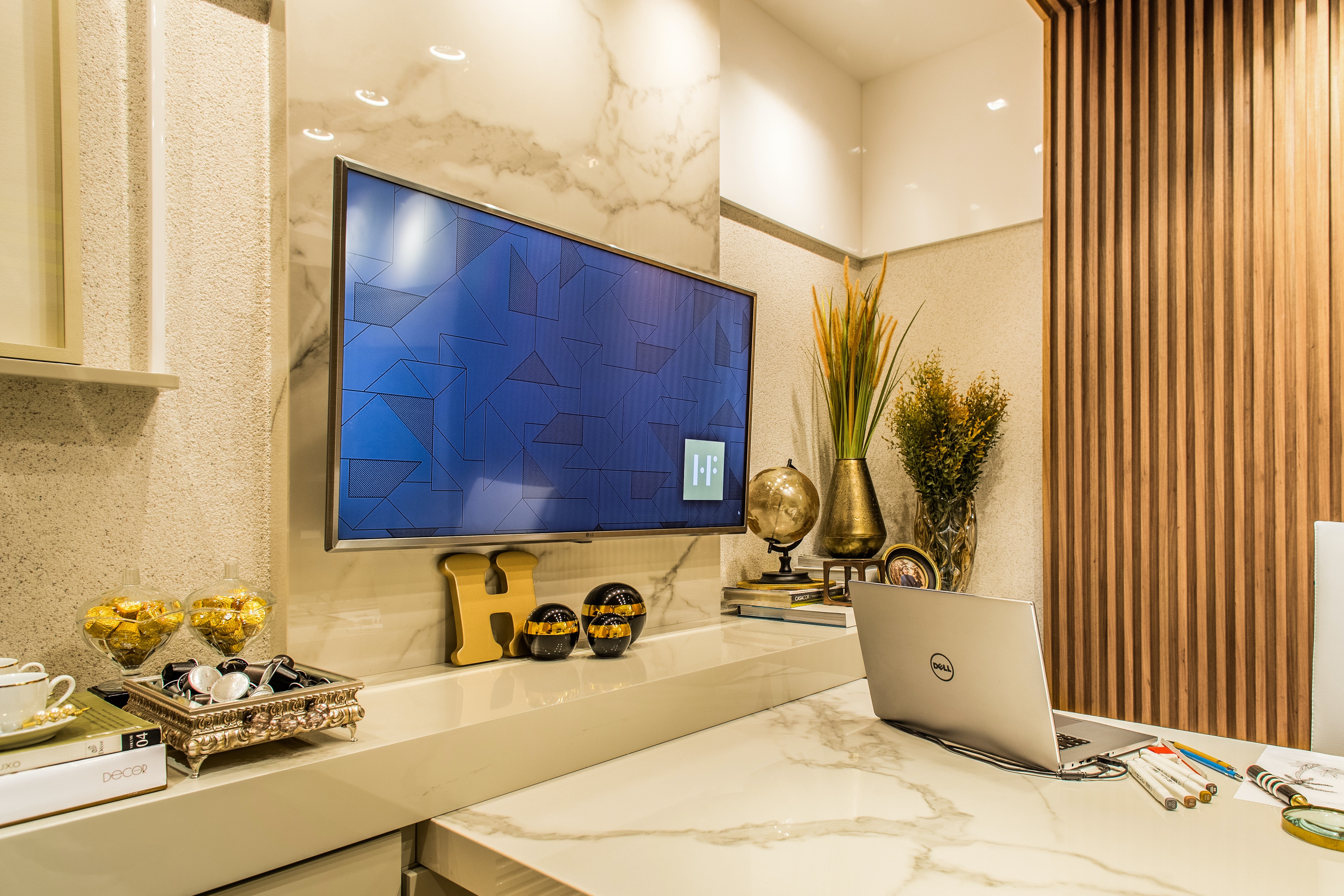 Office Lobby with TV and marble appearance